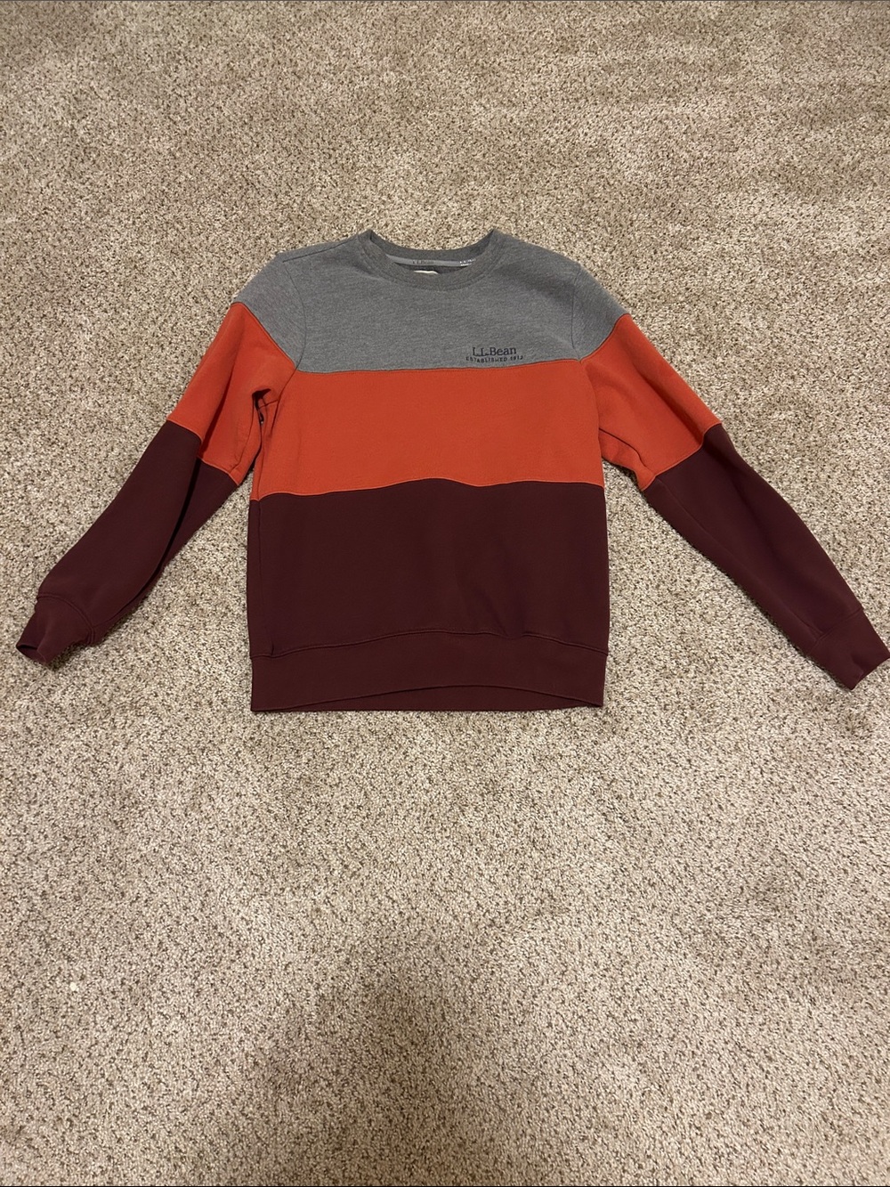 L.L. Bean Men’s Gray, Orange & Burgundy Colorblock Crewneck Sweater